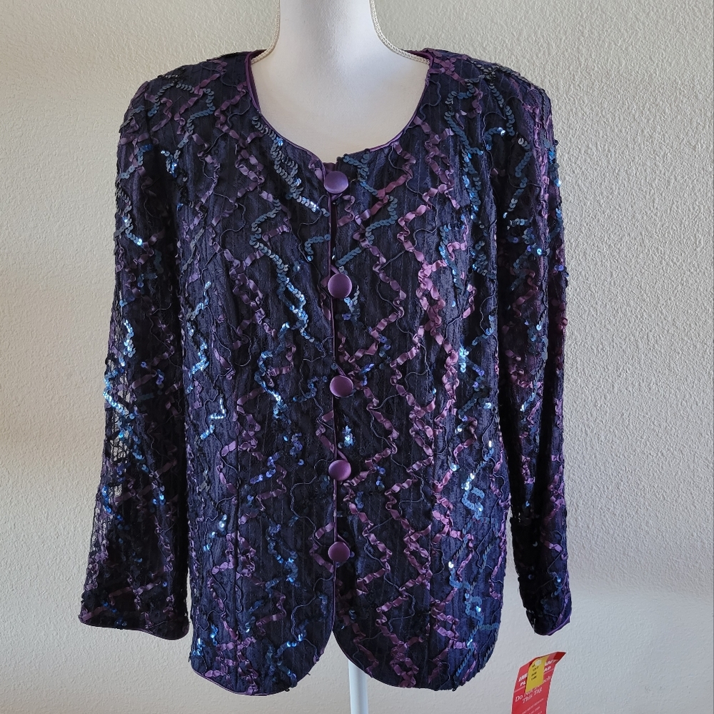 Jete Sequined and Ribbon Trimmed Vintage Dinner Jacket with Shoulder Pads